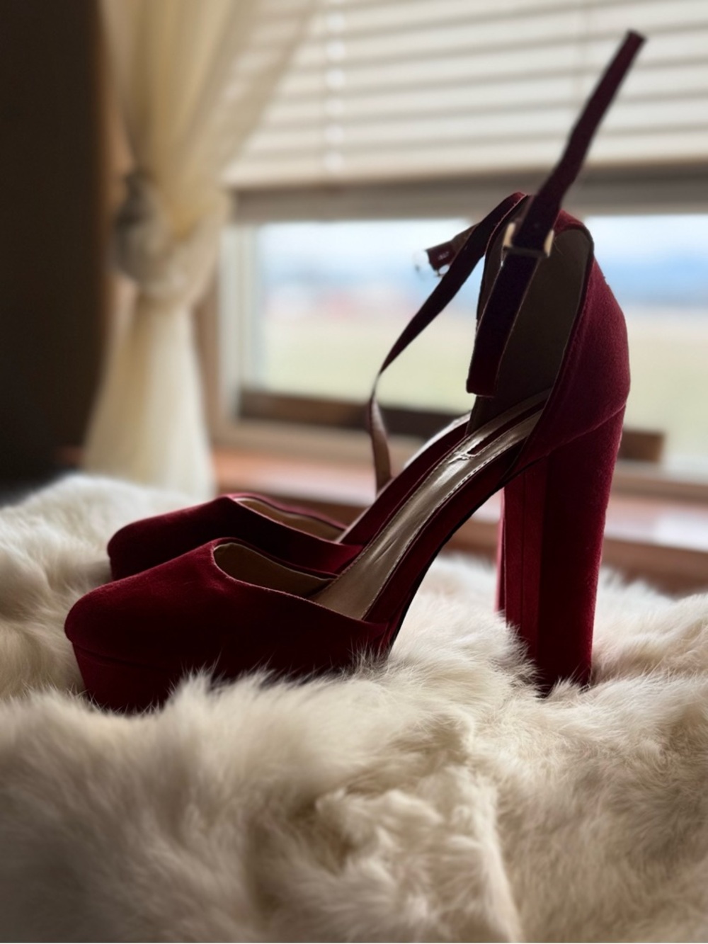 Forever 21 Burgundy Velvet Platform Heels with Ankle buckle